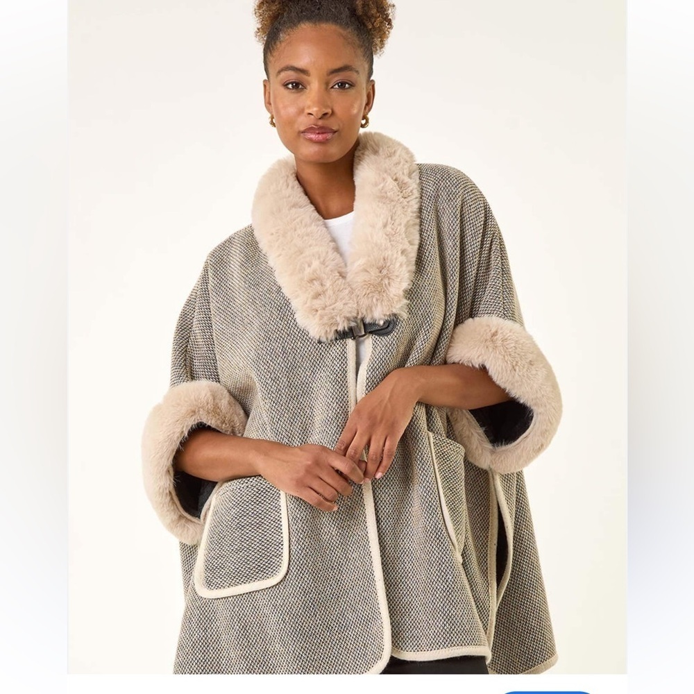 Vince Camuto Taupe and Cream Faux Fur Trim Cape